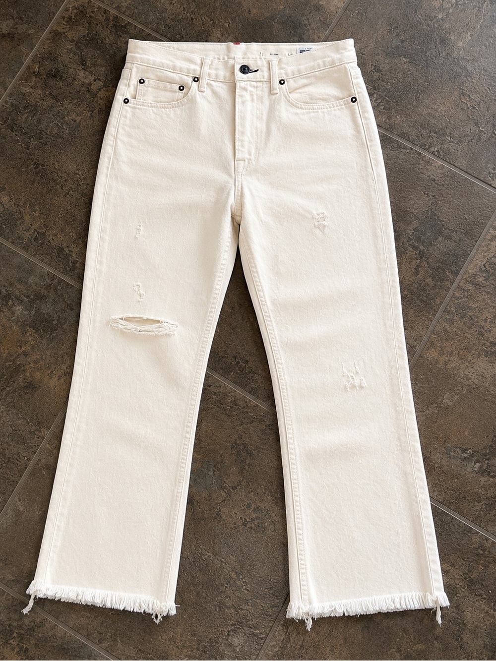 Noend Farrah Kick Flare Jeans Crop Sz 28 Ivory Cream Cotton raw hem Made in USA - Picture 2 of 6